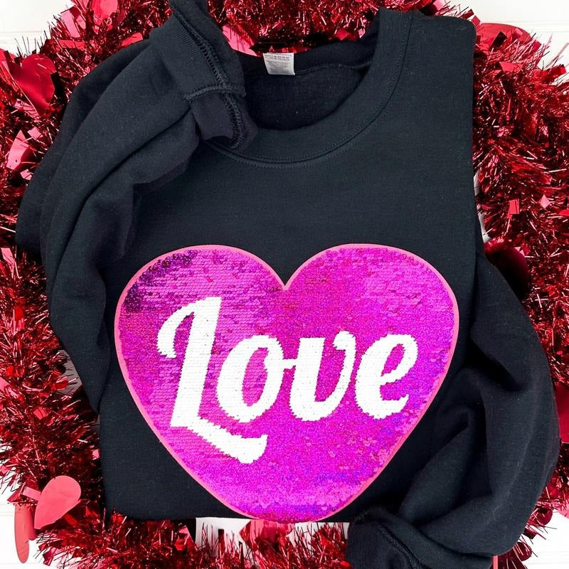 Flip Sequin Heart Patch Sweatshirt -- BLACK