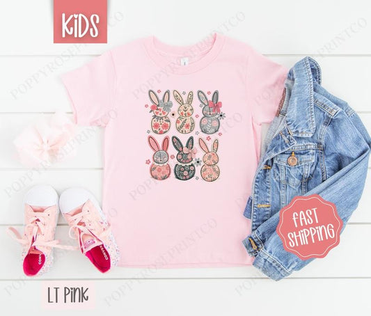 Floral Bunnies Kids Shirt - Easter Children's Tshirt - Cute Youth Tee Gildan