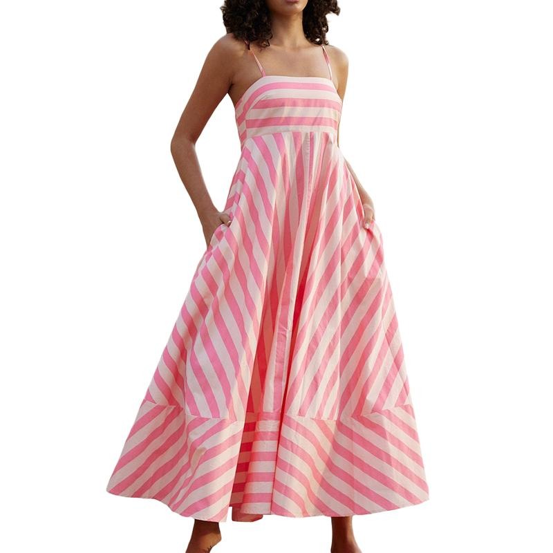 Women Sleeveless Dress Summer Striped/Floral Print Backless Flowy A-Line Party Dress with Pocket for Beach Streetwear Casual Cotton Fashion Polyester