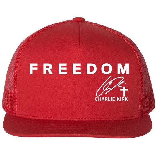 Freedom Charlie Kirk Signature Christian Christ Cross Tribute Faith Flat Bill Trucker Hat Red Mesh Back Adjustable Snapback