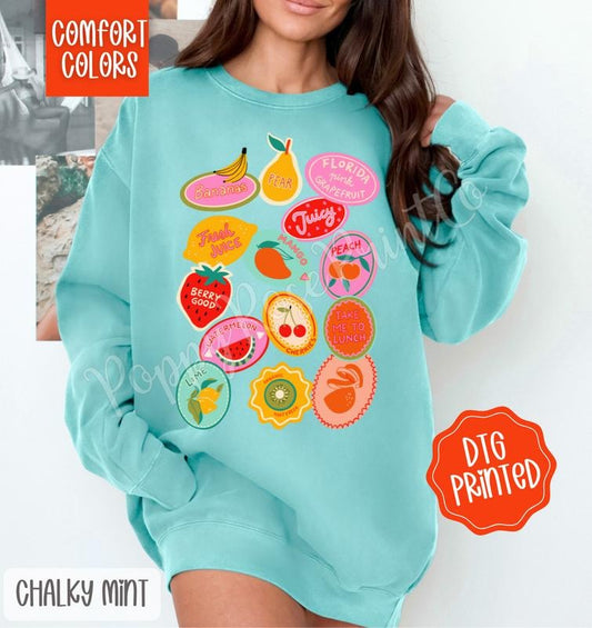 Fruit stickers Comfort Colors Sweatshirt, Trendy Women's Crewneck