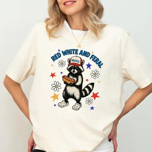 Funny 4th Of July Shirt, American Shirt, Feral And Free Shirt, Funny Raccoon Hot Dog Shirt