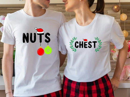 Funny Christmas 2023 Couples Shirt, Chest And Nuts Christmas T-Shirt, Matching Parents X-mas Party Tee, His and Hers Shirt, Couples Holiday Gift Tees.