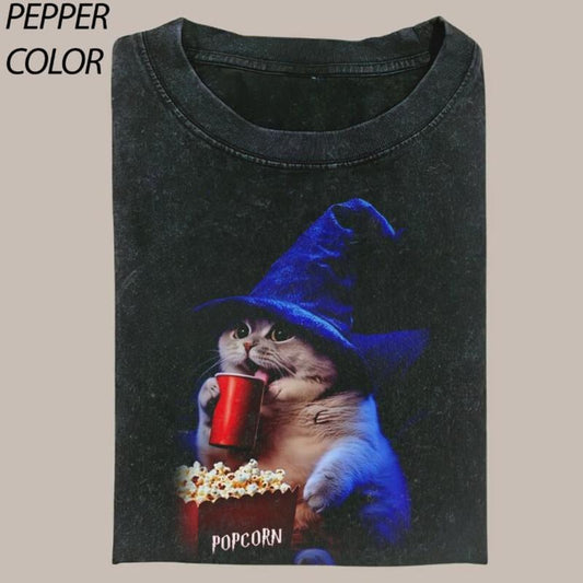 Funny Wizard Popcorn Vintage Graphic T-shirt, Cute Witch Cat Tee, Cat Lover Unisex T-Shirt, 90's Style Streetwear Graphic Gift For Men Women