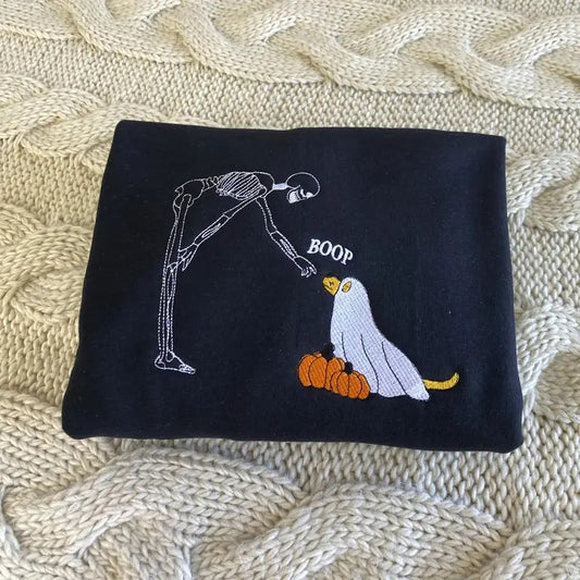 Ghost Dog And Skeleton Halloween Embroidered Sweatshirt - Skeleton Halloween Embroidered Crewneck