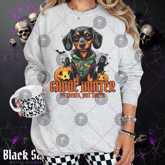 Ghoul Hunter No Treats Just Tricks Dachshund Camo Halloween Grunge Skulls Cotton Crewneck Sweatshirt Hoodie Casual All Seasons Women's Graphic Top Pullover Streetwear Style Vintage Crew Neck Graphic Design Comfortable Machine Washable Womenswear
