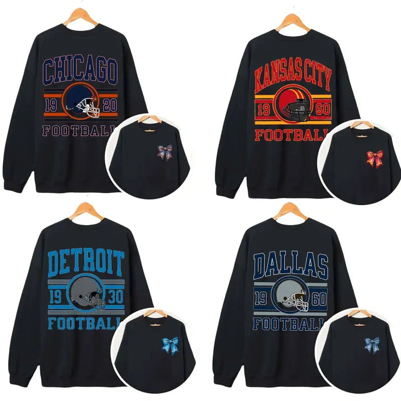 Gildan 18000 Unisex Crewneck 2sides Sport Classic Black  Sweatshirt All Teams Football With Bow, Bow Football Sweatshirt, Black Menswear Soft   Sweaters Long Sleeve Casual