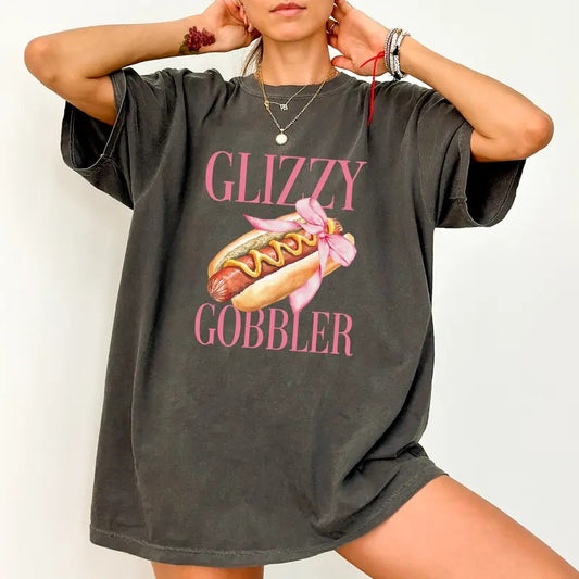 Glizzzy Gobbler Colors Shirt, Coquette Bow Graphic Tee, Funny Adult Unisex Tees, Sarcastic T-shirt, Retro Hotdog T-shirt