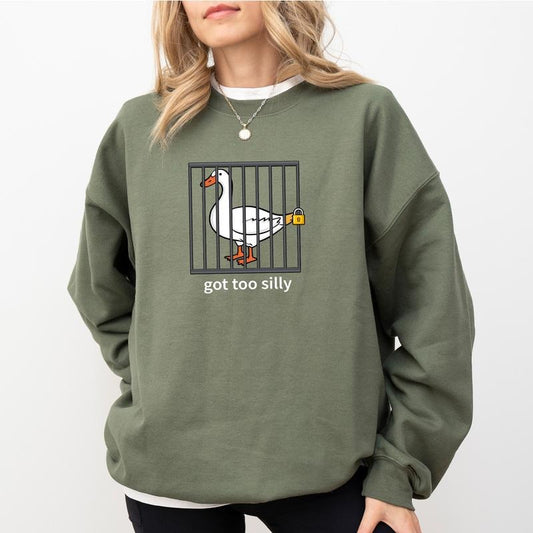 Goose Got Too Silly Sweatshirt, Funny Goose Graphic Printed Crewneck, Silliest Goose Sweater, Meme Goose Bumps Top, Sarcastic Goose Crewneck, Goose Club Shirt, Funny Womens Tops, Comfy Long Sleeve Pullover, Casual Womenswear, Soft Fabric Cotton Top