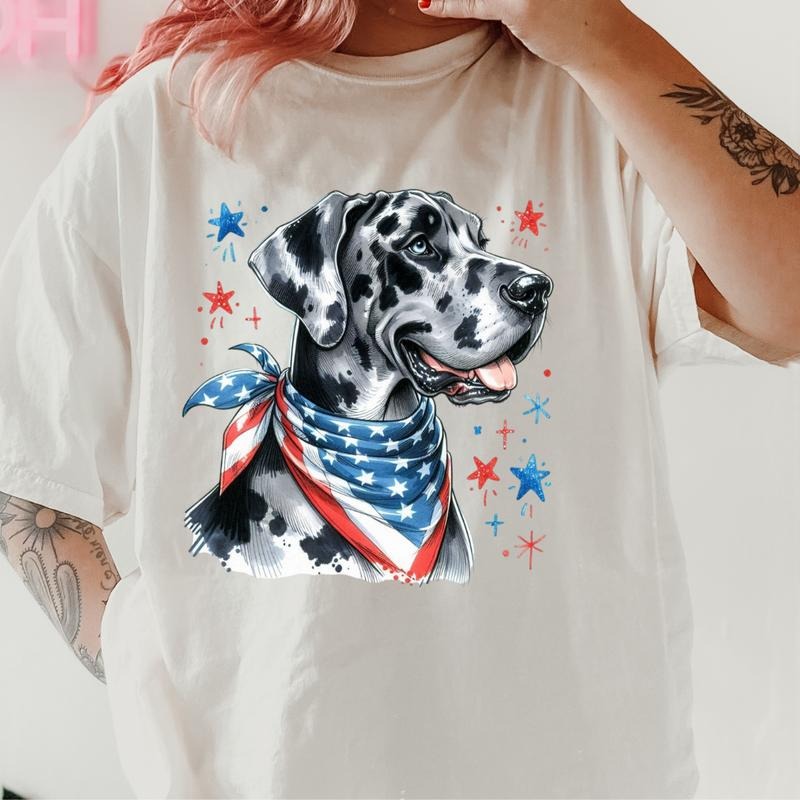 Great Dane Harleiquin Patriotic Dog Shirt ~ Unisex Apparel Relaxed Fit Printed In The USA Clothing Womenswear Casual Comfort Cotton Top Athletic Boho Chic