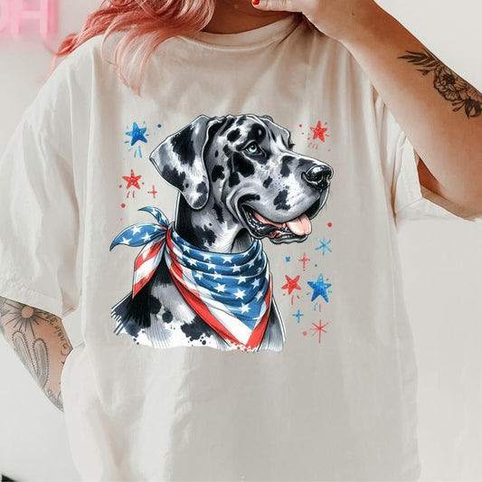Great Dane Harleiquin Patriotic Dog Shirt ~ Unisex Apparel Relaxed Fit Printed In The USA Clothing Womenswear Casual Comfort Cotton Top Athletic Boho Chic