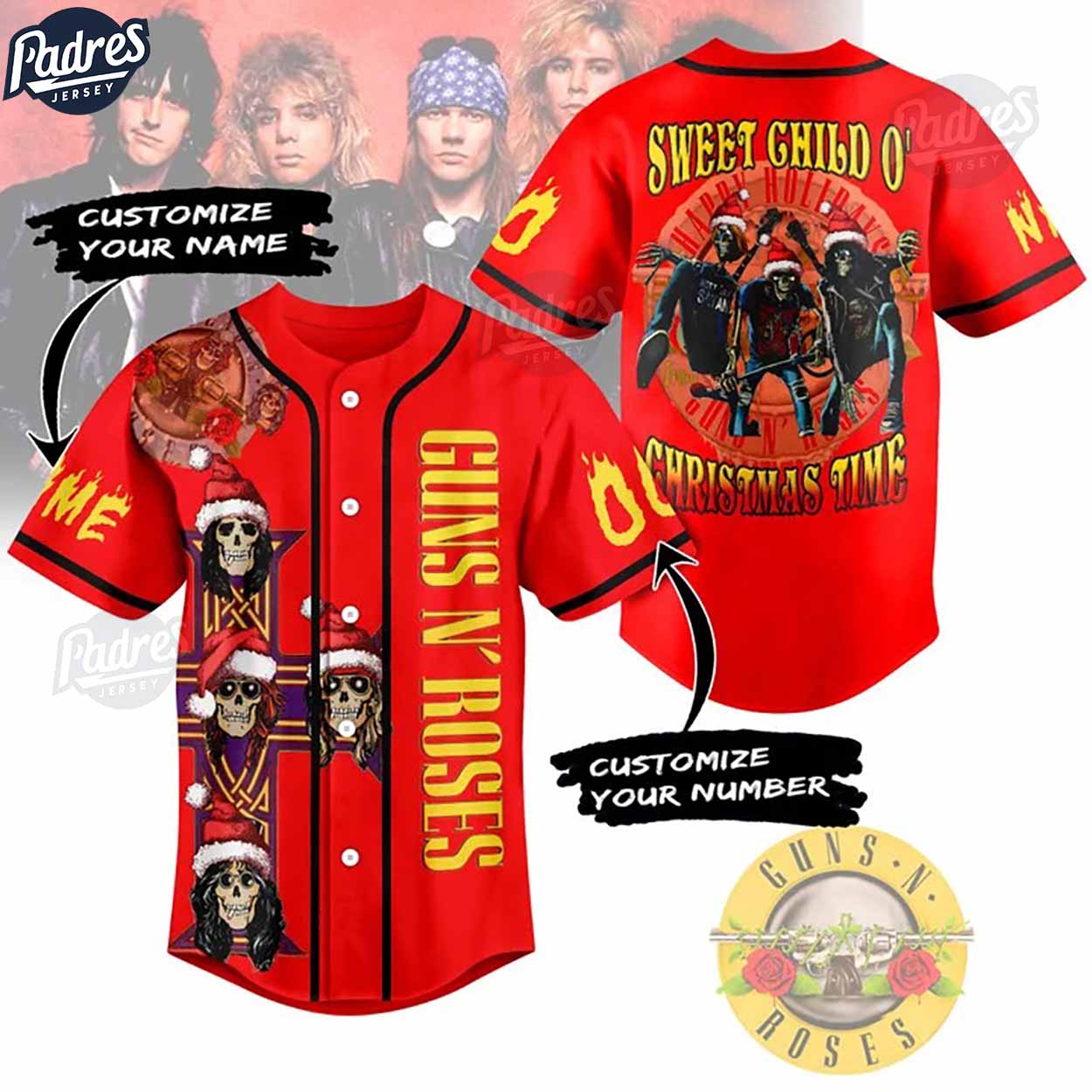 Guns N’ Roses Skull Design Red Christmas Baseball Jersey - Padres Jersey Oasis: Elevate Your Baseball Style Game