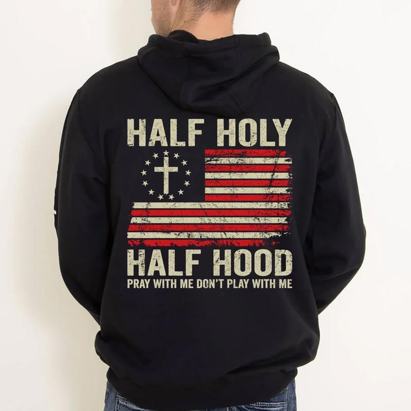 Half Holy Half Hood Pray With Me Don't Play With Me Graphic Hoodie Casual Fleece Fabric Hooded Sweatshirt Trendy Tops for Women for Men