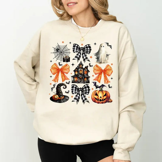 Halloween Coquette Bow Sweatshirt, Witch House Crewneck, Halloween Pumpkin Ghost Sweater, Halloween Gift Ideas for Girls, Women's Long Sleeve Pullover