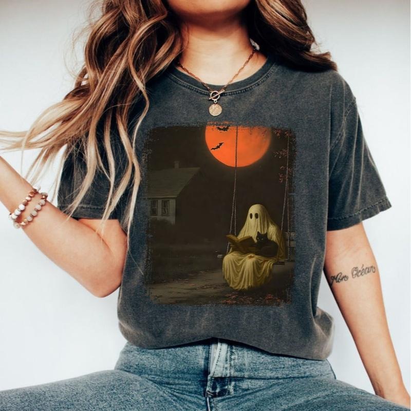 Halloween Reading Ghost Shirt, Haunted Swing & Red Moon Design, Spooky Night Sublimation Tee, Creepy Fall Scene Sweatshirt, Gothic Aesthetic Art for Book Lovers