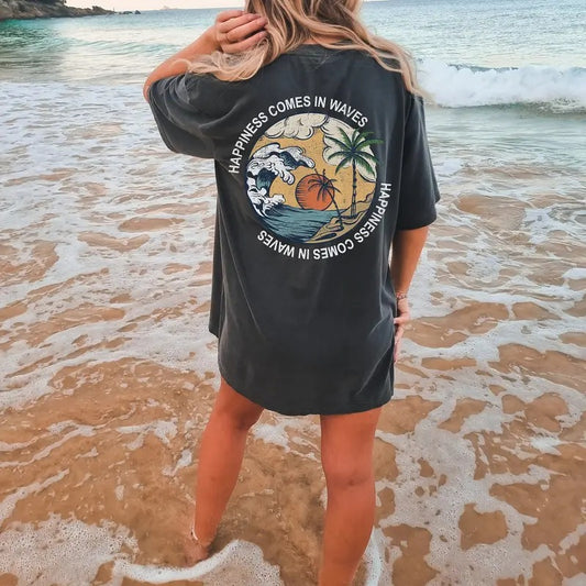 Happiness Comes in Waves Tee, Summer Graphic Tee, BeachT-shirt, Boho Tee, Vintage Inspired Cotton T-shirt, Unisex Tee, Perfect gift, Clothing Gift, gift for her, gift for women, birthday gift