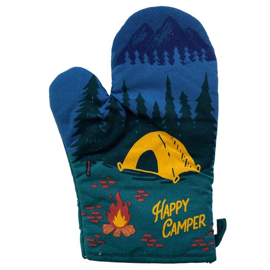 Happy Camper Oven Mitt Hiking Campfire Forest Nature Bonfire Kitchen Glove Funny Graphic Kitchenwear Funny Camping  Novelty Cookware Green