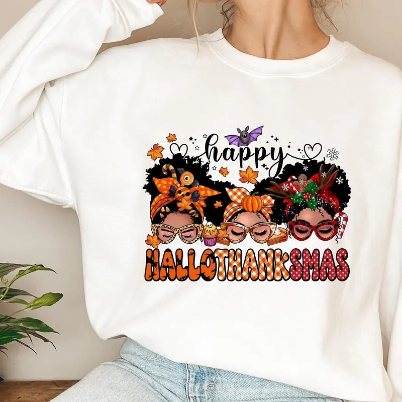 Happy Hallothanksmas Sweatshirt, Halloween Gift for Women, Girl Sweatshirt, Cute Halloween Sweater, Colorful Halloween Sweatshirt