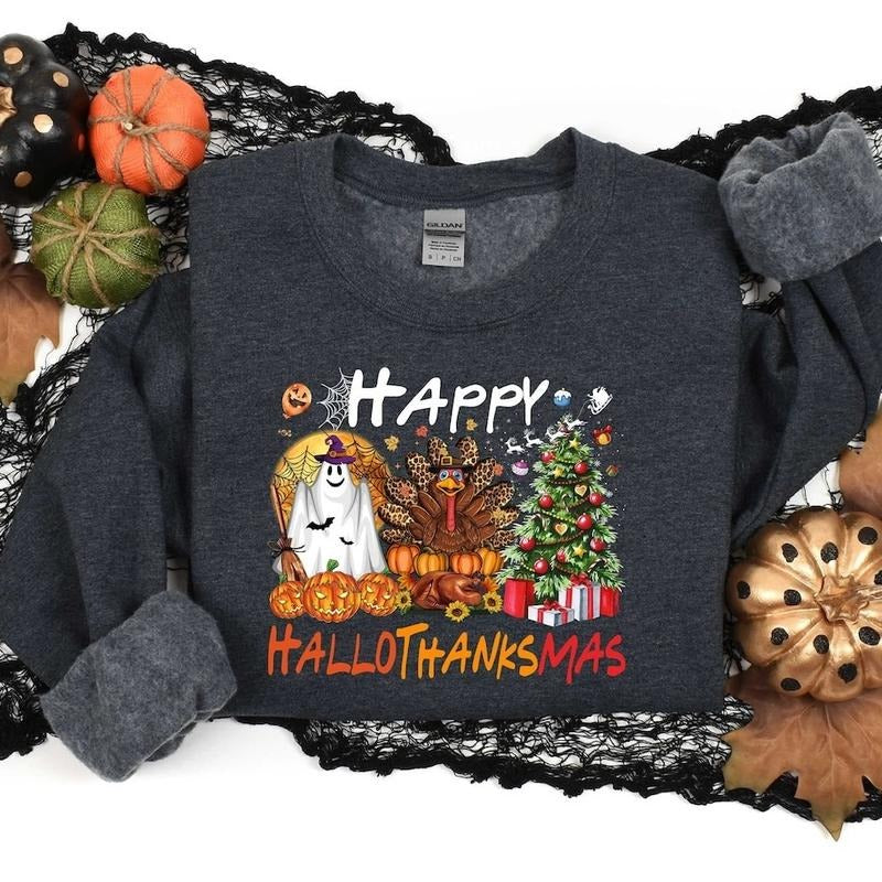 Happy Hallothanksmas, Halloween Sweatshirt, Christmas Sweater, Thanksgiving Shirt, Women Sweater, Women Gift, Gift For Halloween Cotton Crewneck