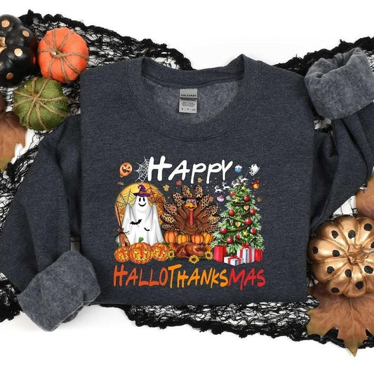 Happy Hallothanksmas, Halloween Sweatshirt, Christmas Sweater, Thanksgiving Shirt, Women Sweater, Women Gift, Gift For Halloween Cotton Crewneck