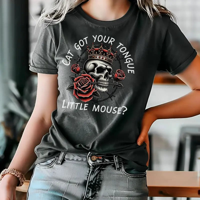 Haunting Adeline T-Shirt, Run Little Mouse Tshirt, Dark Romance Merch, Smut Reader, Women's Book Lover Gift, Rose Skeleton, Cat Got Your Tongue Womenswear Crewneck Short Sleeves Graphic Fabric Tee