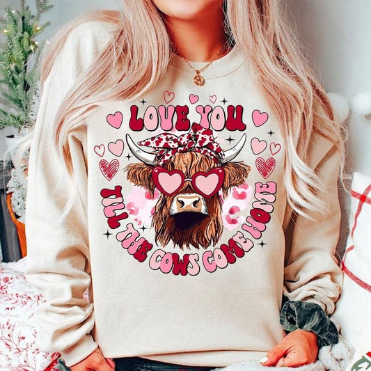Heifer Valentine  Sweatshirt, Highland Cow Valentine  Sweatshirt, Valentine Day Western Country  Sweatshirt, Love You Till The Cows Come Home, Funny Valentines Sweatshirt  Hoodie and Sweater; T-shirt Cotton Womenswear Light Polyester