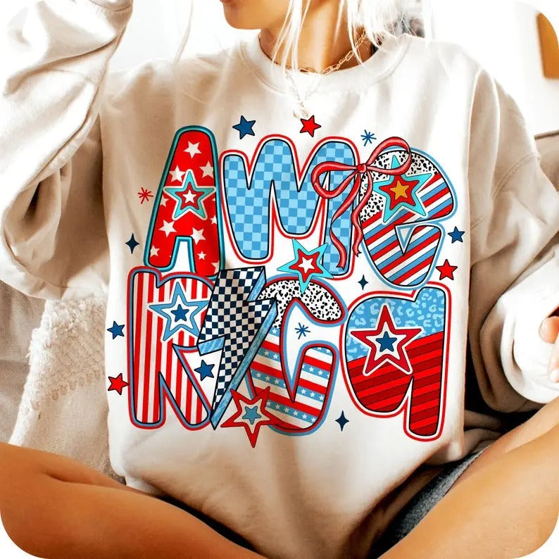 Retro America Coquette Unisex Crewneck Sweatshirt/T-Shirt, 4th Of July, For Him/Her, Unisex Style, 100% Cotton, Pullover Crewneck Sweatshirt