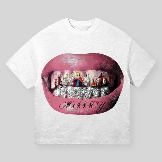 High-Quality Religious Madonna Glitter Lip Print T-Shirt, Unisex Cotton Crewneck T-Shirt - Medium, Short Sleeve, Casual Streetwear Printed Tee