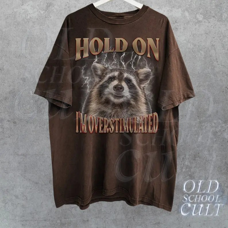Hold On I'm Overstimulated Vintage T-Shirt, Retro Raccoon Bootleg Shirt, Adult T Shirt, Funny Raccoon Shirt, Meme T Shirt, Washed Shirt