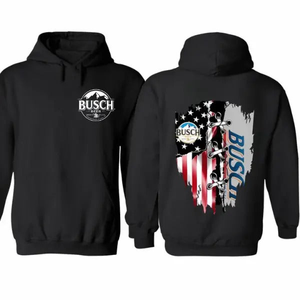 Busch Beer American Flag 2 Sided T-shirt/Hoodie - Unisex Style - 100% Cotton - Menswear, Tops unisex hoodie busch lightstyle{n002}2
