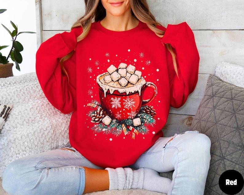 Hot coco Christmas sweatshirt, Christmas outfit, Christmas sweater, Winter sweater, Hot chocolate sweater, Marshmallows