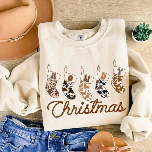 Howdy Christmas Sweatshirt, Western Christmas Sweater, Christmas Gifts, Xmas Shirt, Christmas Socks Sweatshirt, Cowboy Christmas Crewneck. christmas sweatshirt