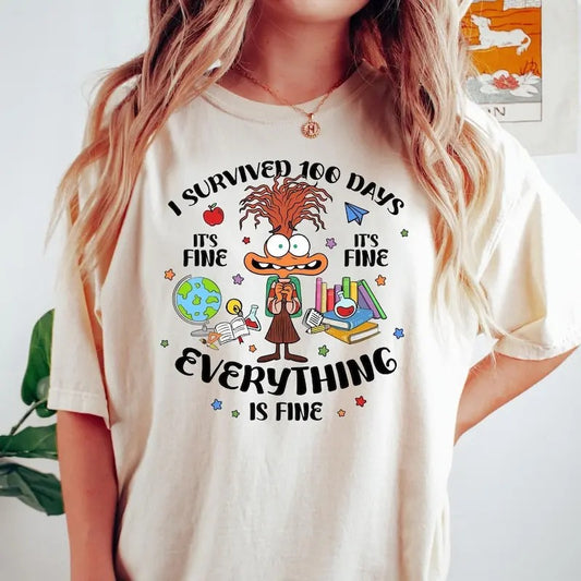 I Survived 100 Days Shirt, It's Fine I'm Fine Everything Is Fine Shirt, 100 Days of School Shirt, School Shirt, Teacher Shirt,Back To School