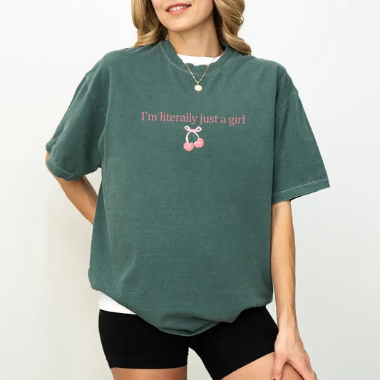I'm Literally Just A Girl Shirt Comfort Colors, Girly Coquette Bow Cherry Tee, Cute T-shirt For Girls, Pink Coquette Bow Shirt For Women, I'm Just A Girl Tee, Cherry Lover Gift Shirt, Casual Women's Tops, Oversized Womenswear, Cotton Fabric Fit Chic Style
