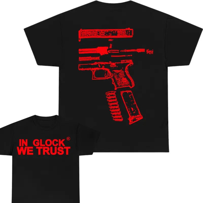 IN GLOCK WE TRUST 2 side T-shirt, Menswear Top , GIft For Men,Full color,Design red, T-shirt For Men