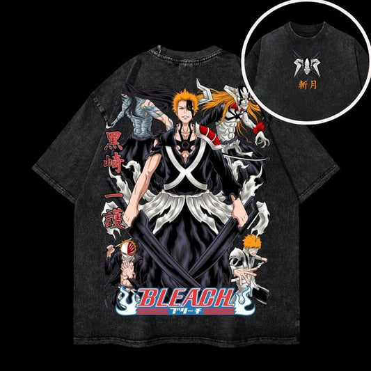 Ichigo's Forms, Heavy Oversized Acid-Washed Unisex Anime T-Shirt, Streetwear & Gym Style, 250 GSM, Bleach, Made to Last, Durable