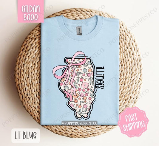 Illinois Gildan T-shirt, Cute Illinois State Shirt, Illinois Floral Bow Tee