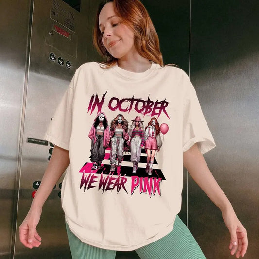 In October We Wear Pink Horroww Halloween Breast Cancer T-Shirt, Happy Halloween Shirt, Vintage T-shirt