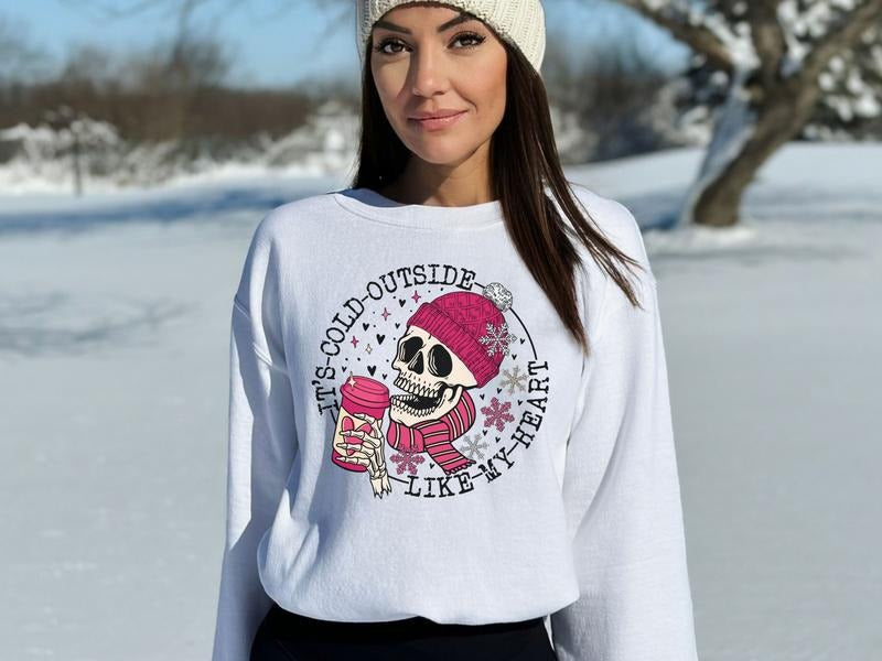 It is Cold Outside Sweatshirt, Skeleton Drinking Coffee Outside in Freezing Weather Hoodie, Retro Skull Sweatshirt to Wear in Cold Season