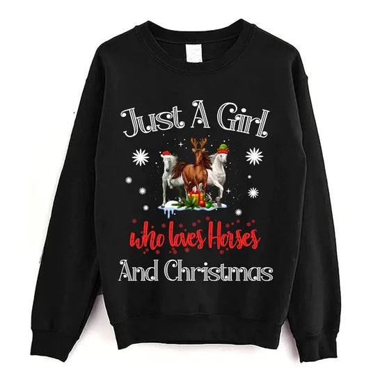 Just A Girl Who Loves Horses And Christmas T shirt, Horse Sweater, Horse Sweatshirt, Horse Christmas Tree Light T Shirt, Cute Horse Christmas