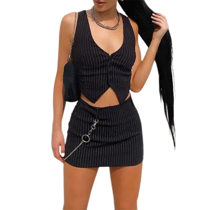 Women Two-piece Clothes Set, Black Stripe Printed Pattern V-neck Tank Tops and A-line Style Skirt, S/ M/ L Sexy Short