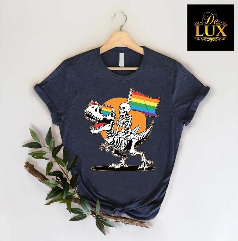 LGBT Skeleton Shirt, Gay Skeleton Shirt, Skeleton Pride Shirt, Dinosaur Pride Tshirt, Queer Pride Tee, LGBTQ Flag Shirt, Rainbow Gay T-shirt