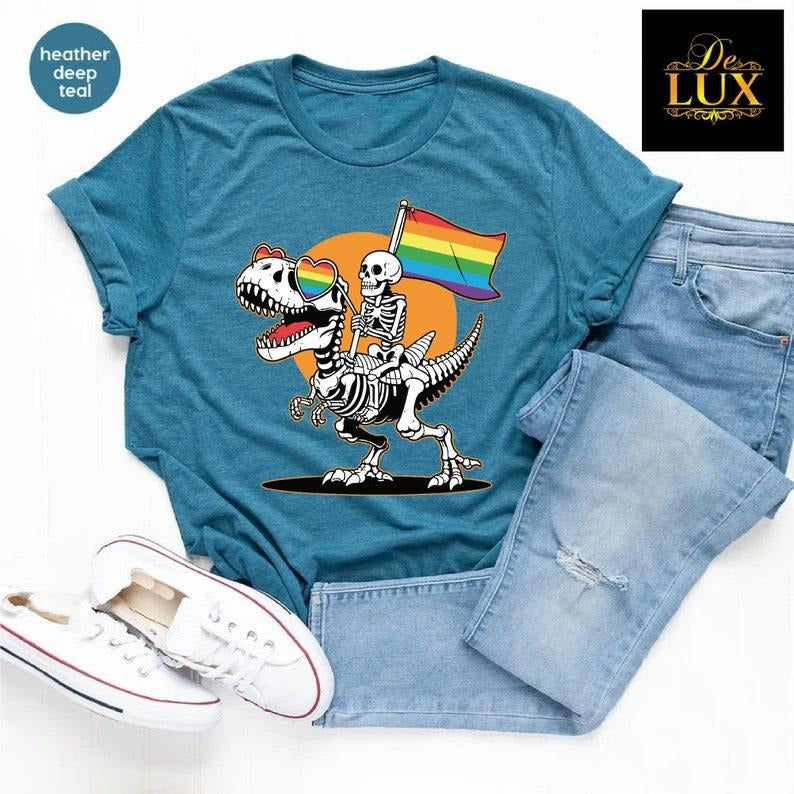 LGBT Skeleton Shirt, Gay Skeleton Shirt, Skeleton Pride Shirt, Dinosaur Pride Tshirt, Queer Pride Tee, LGBTQ Flag Shirt, Rainbow Gay T-shirt style 02