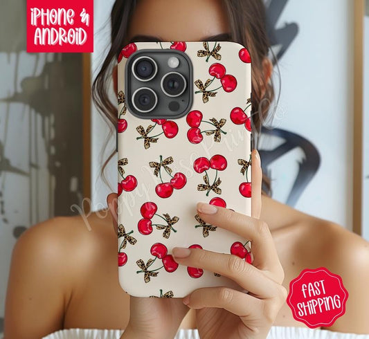 Leopard Cherry Phone Case Mag Safe Compatible Magnetic Tough Cases
