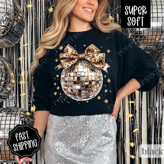 Leopard Disco Bow Sweatshirt, New Year's 2025 Crewneck, NYE Women's Sweater