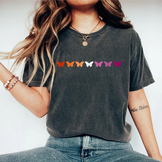 Lesbian Butterflies Shirt, Rainbow Pride Tee, Vintage Lesbian Tshirt, Lesbian Butterfly Shirt, LGBTQ Gift, Progress Pride Shirt, Gay Pride TShirt, Pride Month Gift, Comfort Shirt Gift, LGBT Support Shirt, LGBTQ Flag Shirt, Oversized Graphic Tee, Women Top