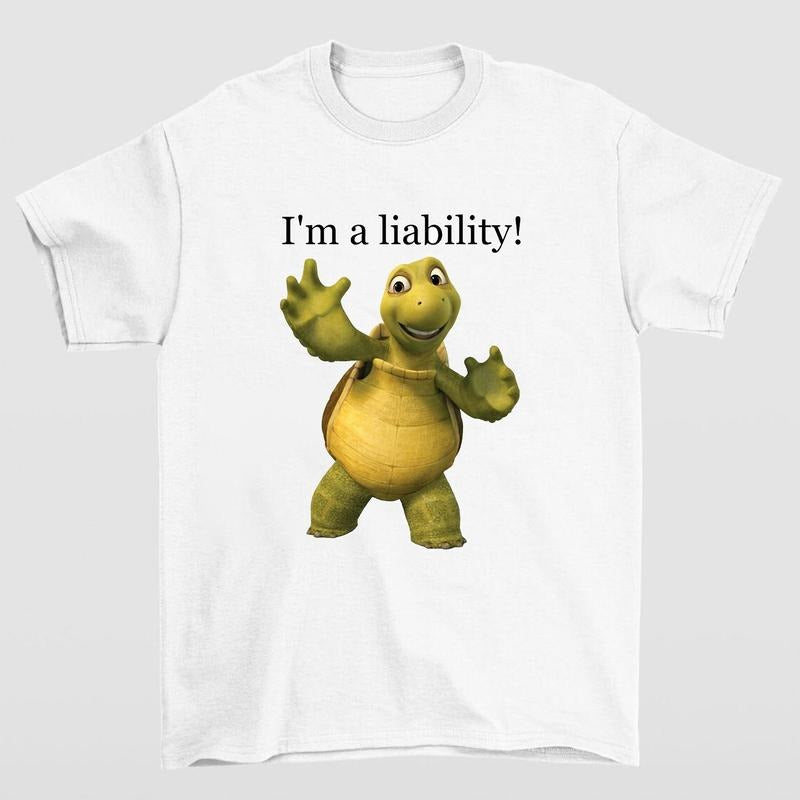 Liability Turtle Meme T-Shirt Featuring Quirky Humor and Bold Graphic Design for Everyday Wear