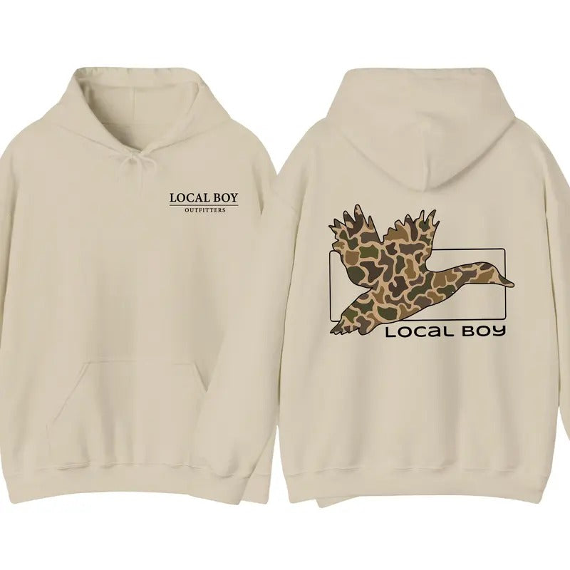 Local Boy Outfitters Hoodie - Camo Duck Graphics Hoodie, Perfect for Outdoor and Dog Lovers, Unisex Hoodie Comfort and Style