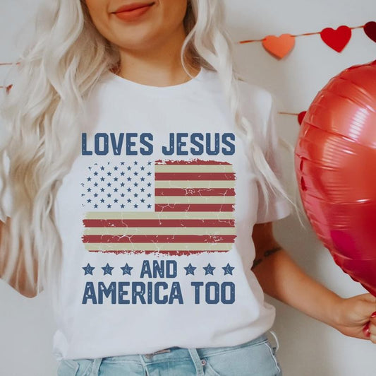 Loves Jesus and America Too t shirt Spiritual women tee Religions print tshirt Gifts for religious friends Love like Jesus I love Jesus Top Womenswear Underwear Lady