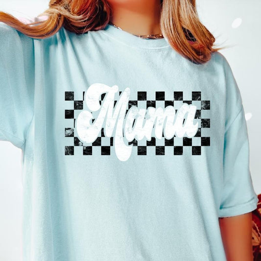 MAMA SHIRT, GROOVY FONT WITH CHECKERS MOM SHIRT, CHECKERED MAMA SHIRT, COMFORT COLORS CASUAL COTTON T-SHIRT Fabric Top Womenswear Garment Oversized Printed Women Tshirt